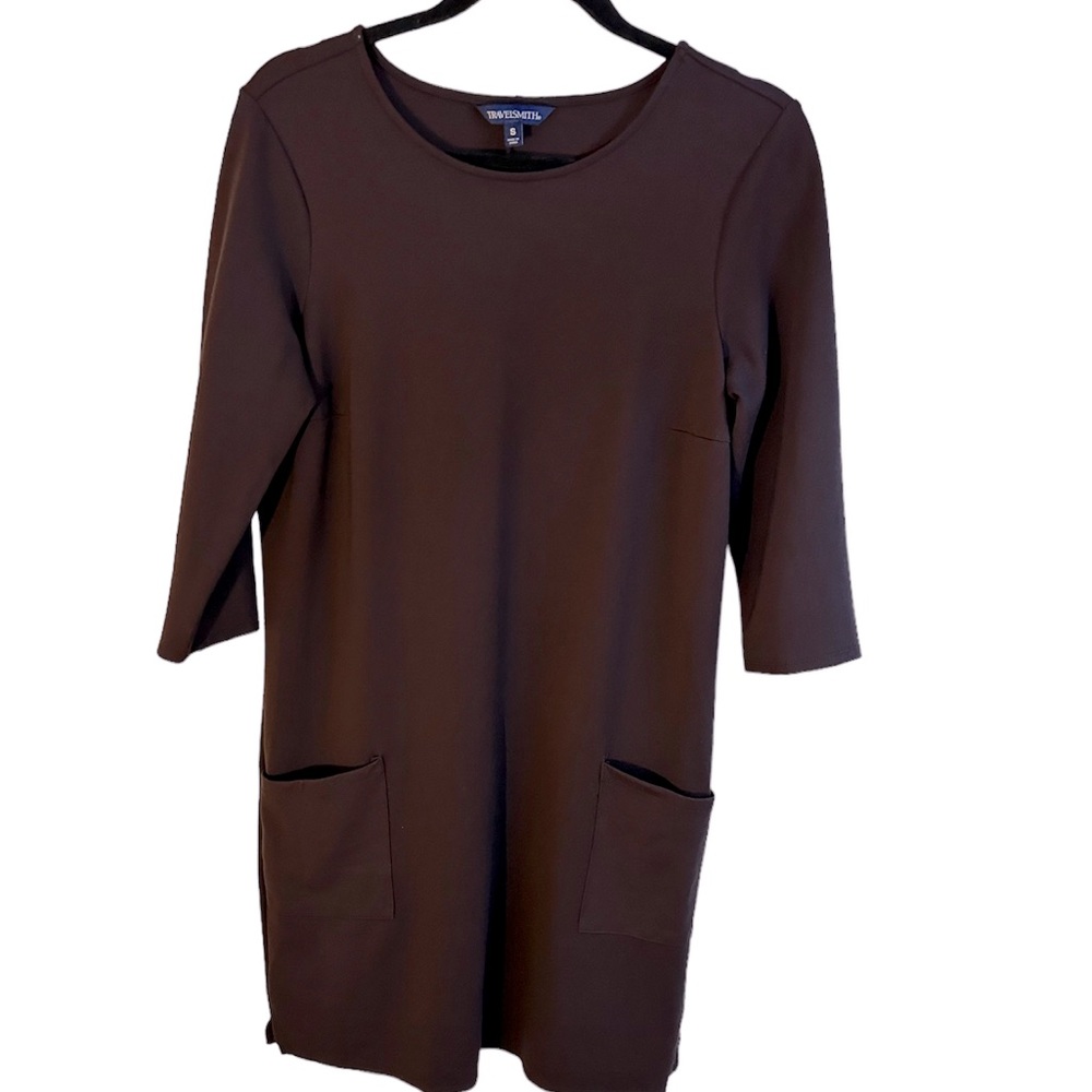TRAVELSMITH BRAND CHOCOLATE BROWN 3/4 SLEEVE A LINE DRESS W/FRONT POCKETS
